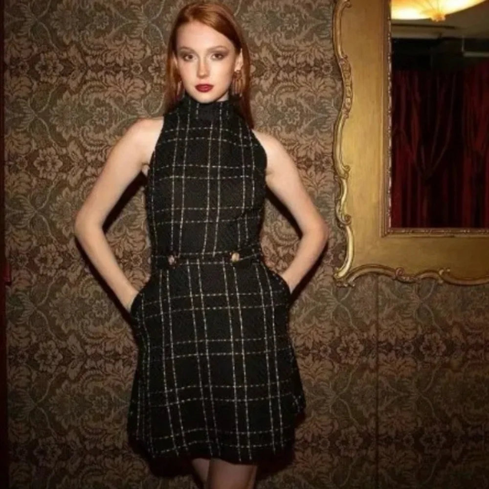 NWT Alexia Admor Avery Plaid Tweed Fit & Flare Dress Navy White Gold size Large - Picture 4 of 10